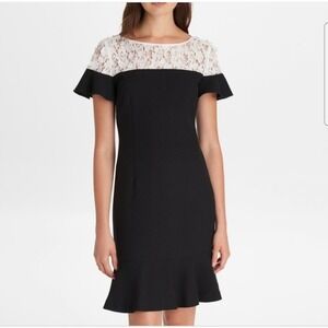 Karl Lagerfeld NWT Black Shift Dress White Lace Floral Yoke Flutter Sleeve Sz 10
